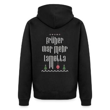Früher war mehr Lametta, Spruch, Ugly Christmas - Unisex Premium Bio Zip Hoodie - Schwarz - Hinten - Nico (187cm)