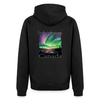 Saskatchewan-Nordlichter im Grunge-Stil - Unisex Premium Bio Zip Hoodie - Schwarz - Hinten - Nico (187cm)