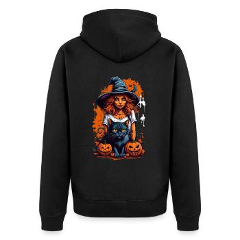 Halloween Hexe Schwarze Katze - Unisex Premium Bio Zip Hoodie - Schwarz - Hinten - Nico (187cm)