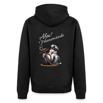 Ahoi Warnemünde ! Lustige Möwe mit Anker - Unisex Premium Bio Zip Hoodie - Schwarz - Hinten - Nico (187cm)