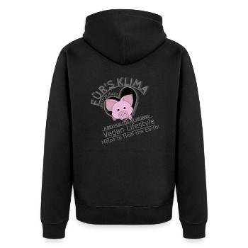 Vegan Schweinchen männl. Klima Planet SabineVegan - Unisex Premium Bio Zip Hoodie - Schwarz - Hinten - Nico (187cm)