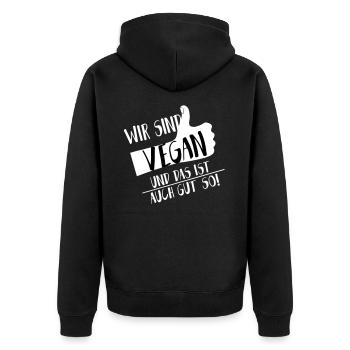 Vegan Gut so Daumen hoch SabineVegan HerzAufShirt - Unisex Premium Bio Zip Hoodie - Schwarz - Hinten - Nico (187cm)