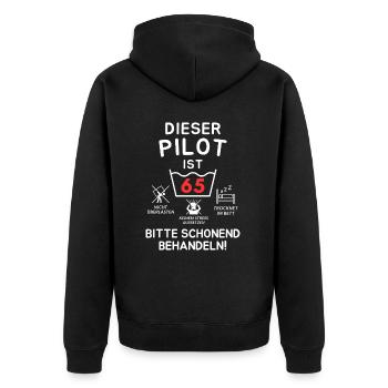 Dieser Pilot ist 65. Schonend behandeln - Unisex Premium Bio Zip Hoodie - Schwarz - Hinten - Nico (187cm)