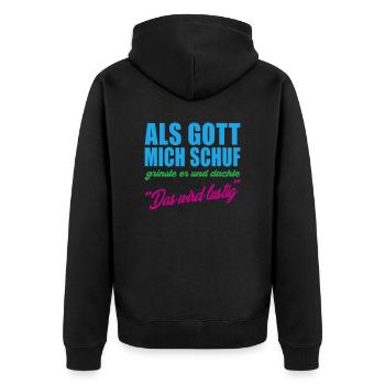 Als Gott mich schuf Geschenkidee - Unisex Premium Bio Zip Hoodie - Schwarz - Hinten - Nico (187cm)