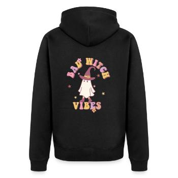 BAD WITCH VIBES lustiger Geist mit Hexenhut retro - Unisex Premium Bio Zip Hoodie - Schwarz - Hinten - Nico (187cm)
