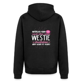Niemals ohne WESTIE - Unisex Premium Bio Zip Hoodie - Schwarz - Hinten - Nico (187cm)