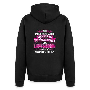 LKW-FAHRERIN - gleichzeitig Prinzessin - Unisex Premium Bio Zip Hoodie - Schwarz - Hinten - Nico (187cm)
