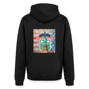 USA, Freiheitsstatue, Sterne und Gürtel. - Unisex Premium Bio Zip Hoodie - Schwarz - Hinten - Nico (187cm)