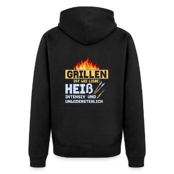 Grillen ist wie Liebe BBQ Griller Grill - Unisex Premium Bio Zip Hoodie - Schwarz - Hinten - Nico (187cm)