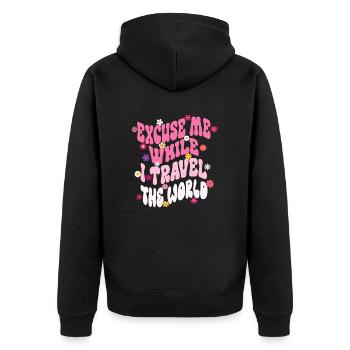 Excuse Me While I Travel The World Groovy Vintage - Unisex Premium Organic Zip Hoodie - black - Back - Nico (187cm)