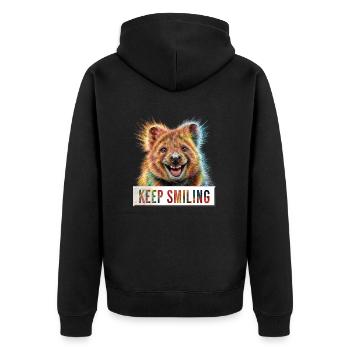 Rainbow Bliss: Das Lächeln des Quokka - Unisex Premium Bio Zip Hoodie - Schwarz - Hinten - Nico (187cm)