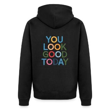 Du siehst heute gut aus bestickt - Unisex Premium Bio Zip Hoodie - Schwarz - Hinten - Nico (187cm)