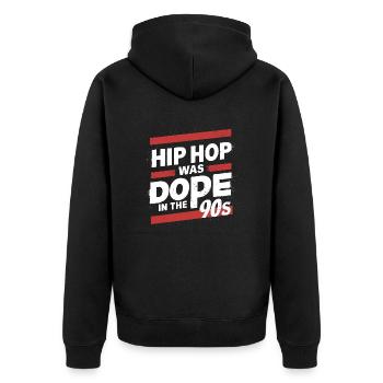 90er Hip-Hop Vibes – Golden Era - Unisex Premium Bio Zip Hoodie - Schwarz - Hinten - Nico (187cm)