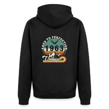 Aged to perfection 1964 Retro -Edition 2025. - Unisex Premium Organic Zip Hoodie - black - Back - Nico (187cm)