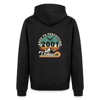 Bis zur Perfektion gealtert 2001 Retro -Edition 2025. - Unisex Premium Bio Zip Hoodie - Schwarz - Hinten - Nico (187cm)
