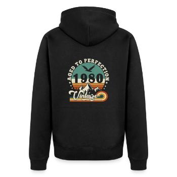 Bis zur Perfektion gealtert 1980 Retro -Edition 2025. - Unisex Premium Bio Zip Hoodie - Schwarz - Hinten - Nico (187cm)