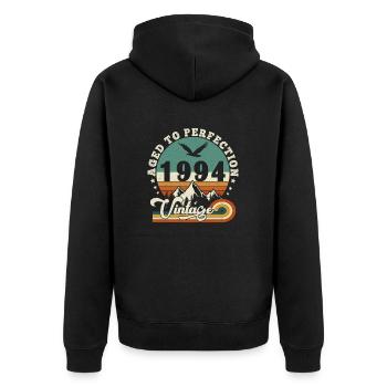 Bis zur Perfektion gealtert 1994 Retro -Edition 2025. - Unisex Premium Bio Zip Hoodie - Schwarz - Hinten - Nico (187cm)