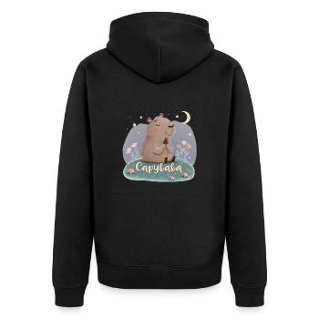 Capybaba – Zen unter Sternen! - Unisex Premium Bio Zip Hoodie - Schwarz - Hinten - Nico (187cm)