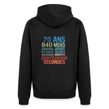 70 Ans – 840 Mois, 25 550 Jours, 2,2 Milliard - Unisex Premium Bio Zip Hoodie - Schwarz - Hinten - Nico (187cm)