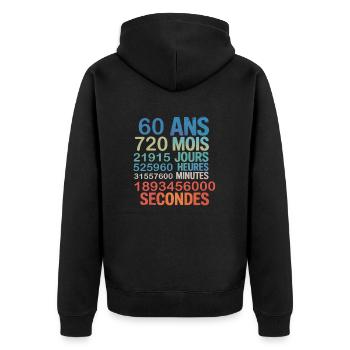 60 Ans – 720 Mois, 21915 Jours, 1,8 Milliard - Unisex Premium Bio Zip Hoodie - Schwarz - Hinten - Nico (187cm)