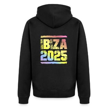 Ibiza 2025 Bunt - Unisex Premium Bio Zip Hoodie - Schwarz - Hinten - Nico (187cm)