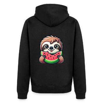 Faultier Sommerfrucht Melone - Unisex Premium Bio Zip Hoodie - Schwarz - Hinten - Nico (187cm)