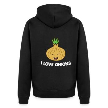 Zwiebel - I love onions - Unisex Premium Bio Zip Hoodie - Schwarz - Hinten - Nico (187cm)
