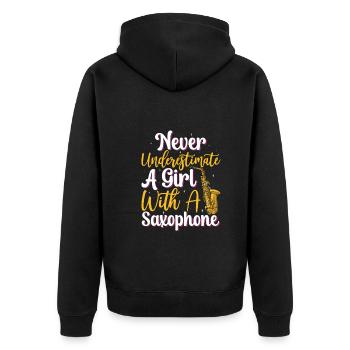 Never Underestimate A Girl With A Saxophone - Unisex Premium Bio Zip Hoodie - Schwarz - Hinten - Nico (187cm)