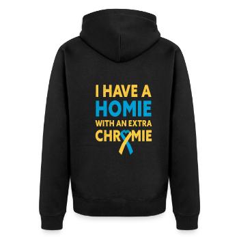 With An Extra Chomie Down Syndrome Awareness - Unisex Premium Organic Zip Hoodie - black - Back - Nico (187cm)