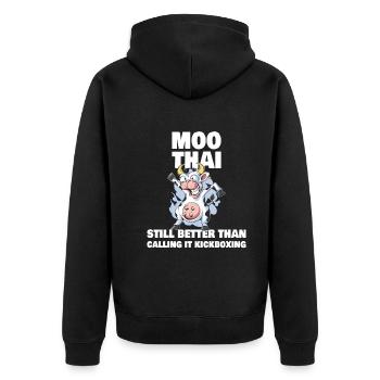 Muay Thai Cow Funny Moo Thai Kickboxing - Unisex Premium Bio Zip Hoodie - Schwarz - Hinten - Nico (187cm)