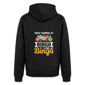 What Happens At Bingo Stays At Bingo - Unisex Premium Bio Zip Hoodie - Schwarz - Hinten - Nico (187cm)