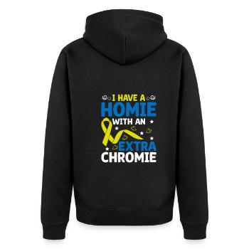 With An Extra Chomie Down Syndrome Awareness - Unisex Premium Organic Zip Hoodie - black - Back - Nico (187cm)