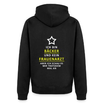 ICH BIN BÄCKER UND KEIN FRAUENARZT ABER... - Unisex Premium Bio Zip Hoodie - Schwarz - Hinten - Nico (187cm)