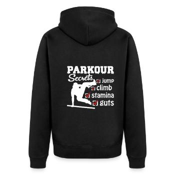 Parkour Secrets Jumps Climb Stamina - Unisex Premium Organic Zip Hoodie - black - Back - Nico (187cm)