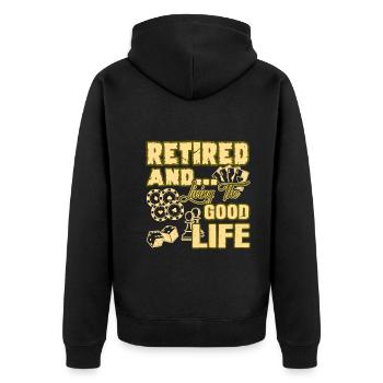 Retired And Living The Good Life - Unisex Premium Organic Zip Hoodie - black - Back - Nico (187cm)
