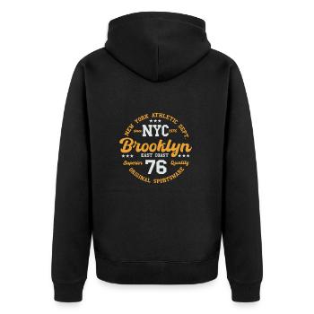 College Design New York Athletic Dept. Brooklyn - Unisex Premium Bio Zip Hoodie - Schwarz - Hinten - Nico (187cm)