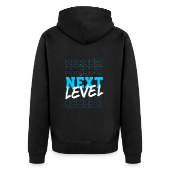 Conception typographique bleu néon de niveau supérieur - Veste à capuche bio Premium Unisexe - noir - Dos - Nico (187cm)