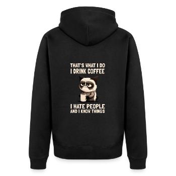 annoying cat cat Grumpy coffee - Unisex Premium Organic Zip Hoodie - black - Back - Nico (187cm)