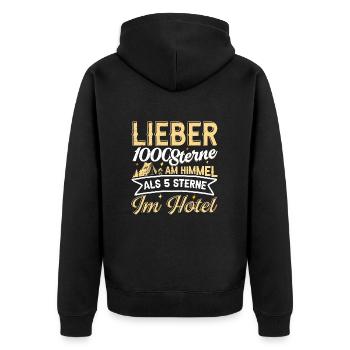 LIEBER 1000 STERNE AM HIMMEL ALS 5 STERNE IM HOTEL - Unisex Premium Bio Zip Hoodie - Schwarz - Hinten - Nico (187cm)