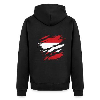 Österreich - Nationalfahne, Kratzer, Risse - Unisex Premium Bio Zip Hoodie - Schwarz - Hinten - Nico (187cm)