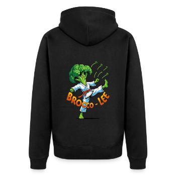 Witziges Brokkoli-Karate Design Brocco-Lee in Act - Unisex Premium Bio Zip Hoodie - Schwarz - Hinten - Nico (187cm)