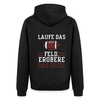 Laufe das Feld, erobere das Spiel - Unisex Premium Bio Zip Hoodie - Schwarz - Hinten - Nico (187cm)