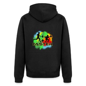 Läufer, Laufen + Kniebeuge = Schneller, Farbig - Unisex Premium Bio Zip Hoodie - Schwarz - Hinten - Nico (187cm)
