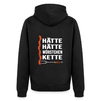 Grillen "hätte hätte Würstchenkette" Grillmeister - Unisex Premium Bio Zip Hoodie - Schwarz - Hinten - Nico (187cm)