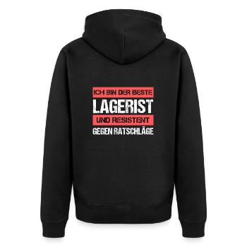 Resistenter Lagerist - Unisex Premium Bio Zip Hoodie - Schwarz - Hinten - Nico (187cm)
