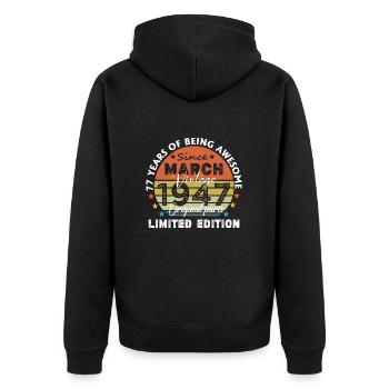 77 Jahre alt Baujahr 1947 Jahrgang März 1947 - Unisex Premium Bio Zip Hoodie - Schwarz - Hinten - Nico (187cm)
