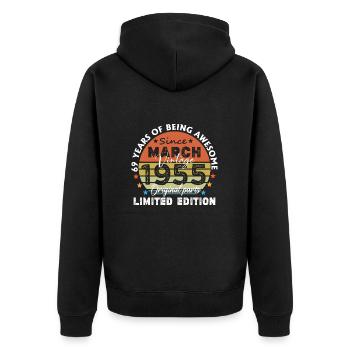 69 Jahre alt Baujahr 1955 Jahrgang März 1955 - Unisex Premium Bio Zip Hoodie - Schwarz - Hinten - Nico (187cm)
