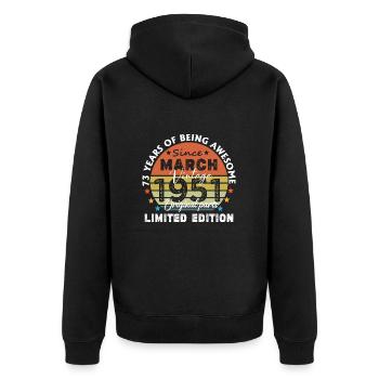 73 Jahre alt Baujahr 1951 Jahrgang März 1951 - Unisex Premium Bio Zip Hoodie - Schwarz - Hinten - Nico (187cm)