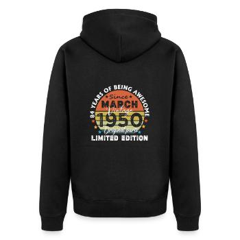74 Jahre alt Baujahr 1950 Jahrgang März 1950 - Unisex Premium Bio Zip Hoodie - Schwarz - Hinten - Nico (187cm)