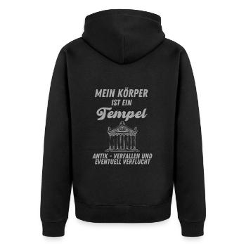 Gewicht lustiger Spruch Mein Körper ist ein Tempel - Unisex Premium Bio Zip Hoodie - Schwarz - Hinten - Nico (187cm)